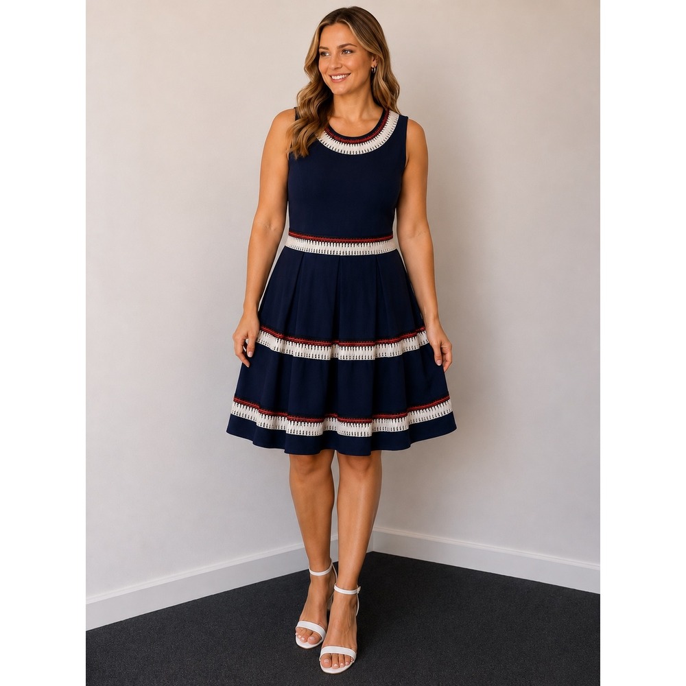 JustFab Navy Blue Crochet Trim Fit and Flare Dress Sleeveless Pleated Large NWT